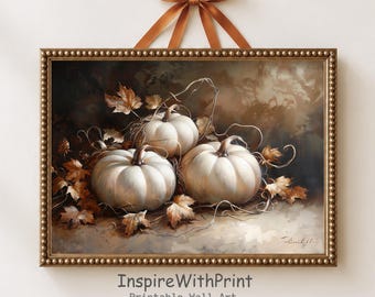 White Pumpkin Still Life Printable Wall Art, Neutral Farmhouse Autumn Painting, Cozy Fall Decor, Digital Download