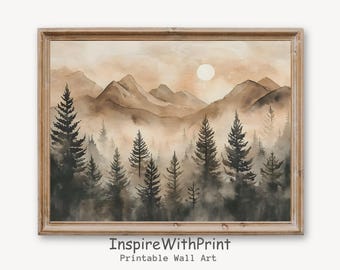 Rustic Pine Tree Forest Print, Pine Trees Watercolor Painting, Winter Neutral Wall Art Printable, Mountain Landscape Art, Winter Wall Decor