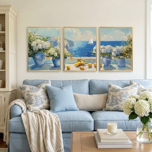 Mediterranean Lemon Coastal Wall Art Set of 3, Blue Hydrangea Ocean Printable Decor, Amalfi Coast Artwork