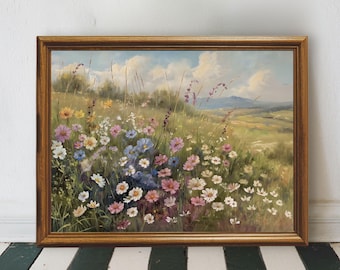 Vintage Wildflower Field Oil Painting, Pastel Flower Meadow Art Printable, Moody WildFlower Field Print, Rustic Country Field Landscape Art