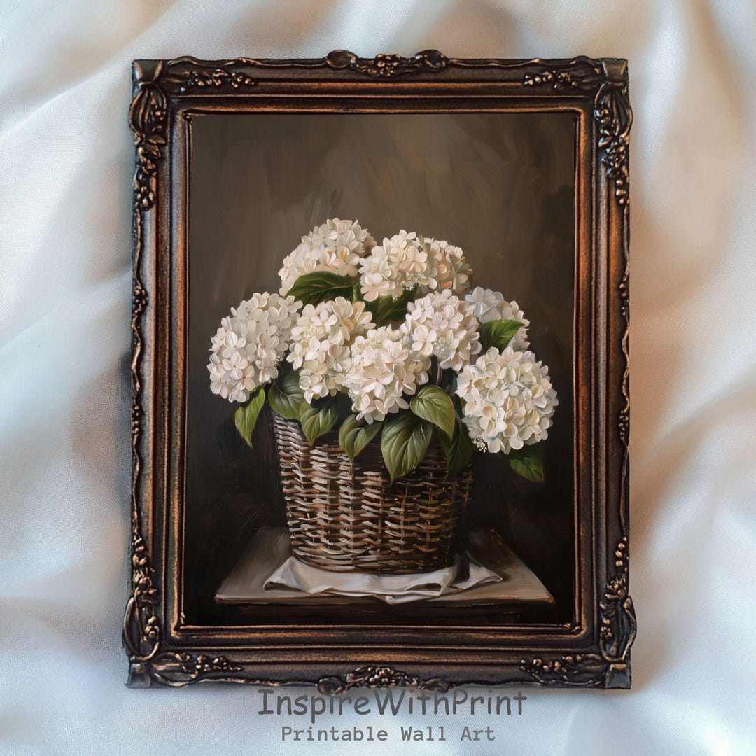 White Hydrangea Basket Oil Painting, Moody Spring Floral Wall Art ...