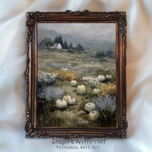 Vintage Fall Pumpkin Field Landscape Art, Autumn Cottagecore Printable Fall Farmhouse Print, Pumpkin Painting, Autumn Wildflower Meadow Art