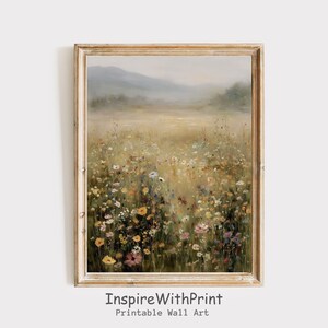 Vintage Fall Wildflower Meadow Print, Moody Wildflower Field Art Printable Neutral Fall Landscape Print, Farmhouse Autumn Cottagecore Art