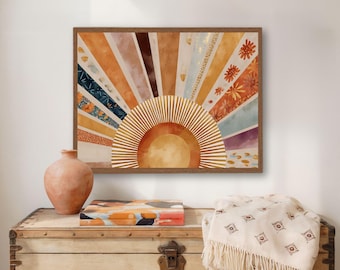 Boho Sun Print, horizontale Sonne Kunst druckbarer abstrakter Sonnenaufgang Print, Midcentury moderne Erdtöne Kunst, Spielzimmer Poster, Boho Kinderzimmer Print