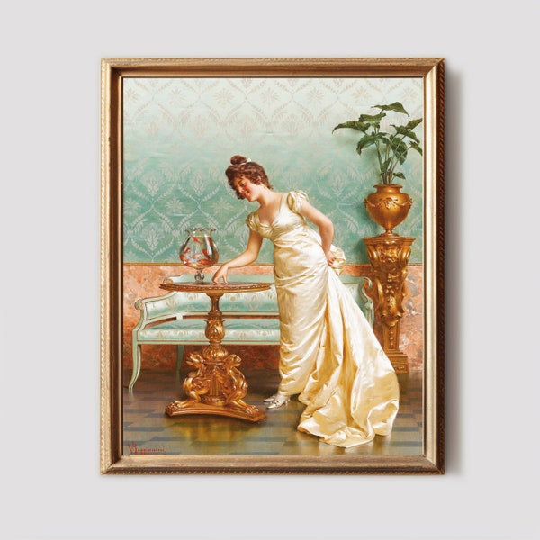 Woman Portrait with Gold Fishes Painting, Digital Download Woman In Luxury Dress Art, Antique Portrait Wall Art, Luxury Interior Print