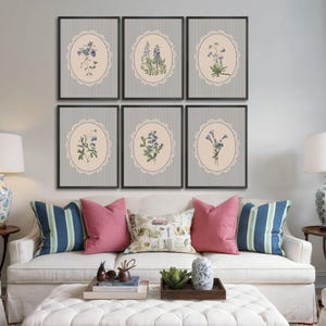 Set di 6 stampe floreali blu a strisce, stampa d'arte botanica floreale vintage, Cottage Core Blue Botanical Gallery Art, Grand Millennial Art