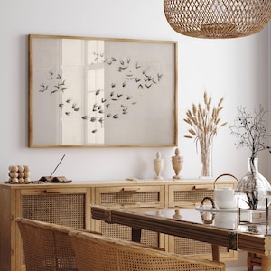 Arte de pared con bandada de pájaros, impresión de bandada de pájaros, dibujo de bocetos de pájaros, póster de pájaros voladores, arte de silueta de pájaro, impresión minimalista de naturaleza neutra