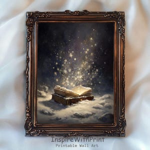 May include: A framed print of an open book emitting glowing stars, set against a dark, starry sky. The book rests on a stack of books amidst fluffy clouds. The frame is ornate with a bronze finish. Text at the bottom reads "InspireWithPrint Printable Wall Art."