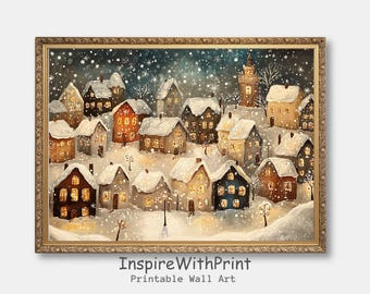 Snowy Christmas Town Wall Art, Christmas Village Festive Print, Winter Printable Wall Art, Vintage Christmas City Snowy Holiday Print
