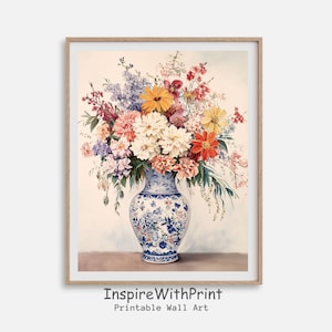 Colorful Flowers Bouquet in Blue and White Chinoiserie Vase Print, Patel Floral Wall Art Printable Chinoiserie Painting, Flower Vase Print