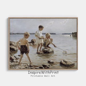 Children Playing at the Beach Print, Vintage Kid oil Painting, Kid Room Wall Art Decor, Vintage Childhood Print, Neutral Summer Beach art