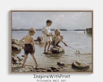 Children Playing at the Beach Print, Vintage Kid oil Painting, Kid Room Wall Art Decor, Vintage Childhood Print, Neutral Summer Beach art