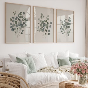 Eucalyptus Leaves Print Set of 3, Botanical Watercolor Painting, Sage Green Wall Art, Botanical Art Print, Eucalyptus Wall Art Printable