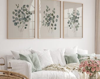 Eucalyptus Leaves Print Set of 3, Botanical Watercolor Painting, Sage Green Wall Art, Botanical Art Print, Eucalyptus Wall Art Printable