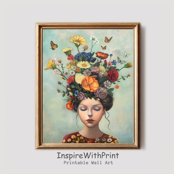 Aesthetic woman with flower head print, moody woman portrait art, digital download feminist art painting, portrait with flower artful print