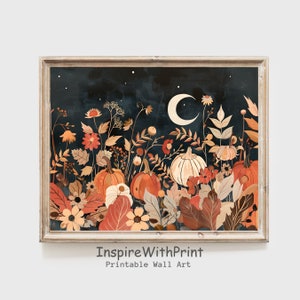 Fall Landscape Wall Art, Pumpkin Field Landscape Painting, Printable Pumpkins Wall Art, Moody Autumn Art Print, Cottage Fall Decor