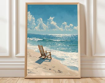 海岸のビーチチェアの絵画、オーシャンビューの壁アート、リラックスできる夏のインテリア、海岸沿いの家や海辺の家のための海辺の風景プリント