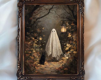 Cute Ghost with Black Cat in the Fall Forest Print, Spooky Halloween Painting, Dark Cottagcore Academia Art, Trendy Halloween Ghost Print
