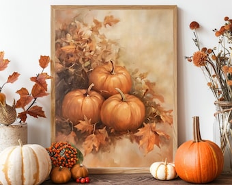 Vintage Pumpkins Wall Art, Moody Thanksgiving Art Print, Rustic Farmhouse Printable Wall Art, Fall Wall Decor, Pumpkin Still Life Painting