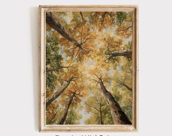 May include: A framed print of a forest canopy, viewed from below. The artwork features tall tree trunks and branches with yellow and green leaves, set against a light blue sky. The text "InspireWithPrint Printable Wall Art" is at the bottom.