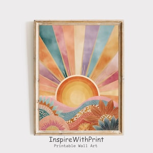 Boho Sun Print, Colorful Boho Sun Wall Art Printable Abstract Sunrise Print, Midcentury Modern Art, Playroom Poster, Boho Nursery Wall Art