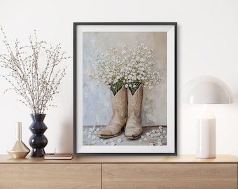 Coastal Cowgirl Print, Cowgirl Boot With Flower Print, Floral Western Wall Art, Dorm Room Wall Decor, Wildflowers Cottage Core Neutral Print