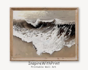 Rustic Coastal Landscape Wall Art, Boho Beach Print, Moody Ocean Wave Print, Neutral Seascape Art Printable, Boho Wall Decor, Waves Painting