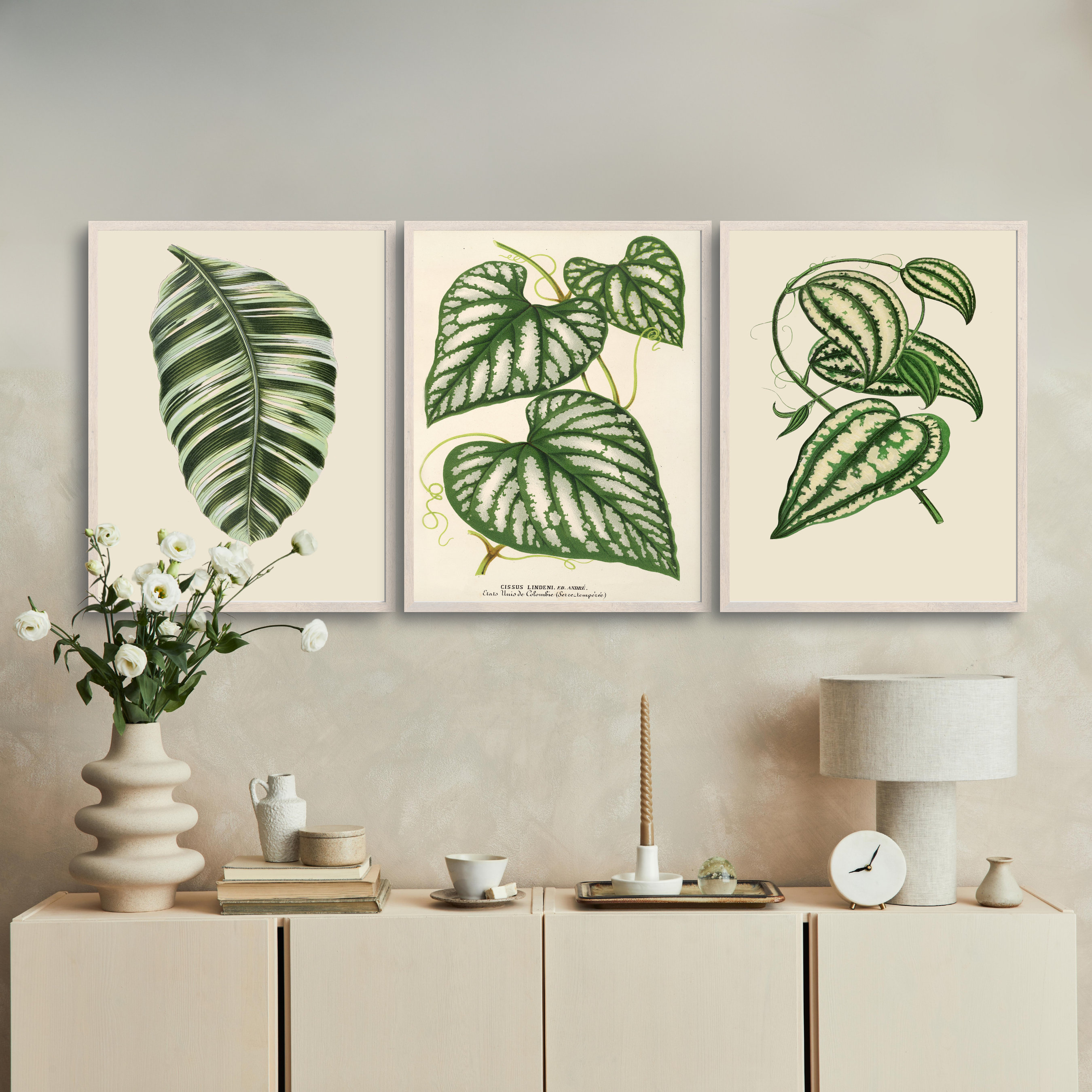 Vintage Botanical Leaves Wall Art Set of 3, Digital Download Green ...