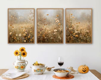 Vintage Fall Wildflower Meadow Print set of 3, Moody Wildflower Field Art Printable Neutral Fall Landscape Print, Autumn Cottagecore Art
