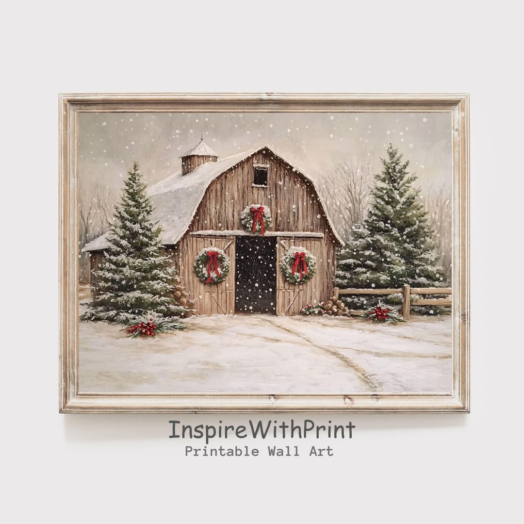 Christmas Barn Print Winter Season Wall Decor, Rustic Christmas ...