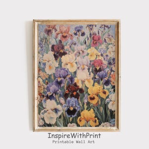 Iris Flowers Oil Painting, Vintage Iris Print, Iris Wall Art, Flower Garden Print, Spring Printable Wall Art, Colorful Flowers Print