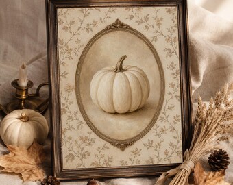 Vintage White Pumpkin Wall Art, Neutral Cottagecore Autumn Print, Farmhouse Harvest Decor, Elegant Thanksgiving Botanical Artwork