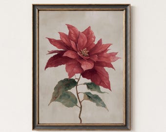 赤いポインセチアのクリスマス絵画、印刷可能な壁アート、暗い冬の花の