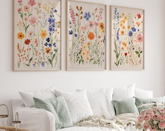 Colorful Wildflower Print Set of 3, Boho Floral Botanical Art Printable Pastel Floral Nursery Wall Art, Wildflower Nursery Botanical Gallery
