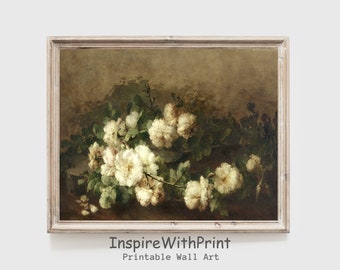 Moody White Flower Still Life Painting, Digital Download Vintage White Rose Artful Print, Dark Flower Wall Art, Antique Floral Print