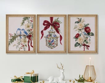 Chinoiserie Christmas Print Set of 3, Bluebird Wall Art, Blue and White Holiday Decor, Grandmillennial Christmas Printable Art