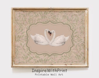 Vintage Schwäne Druck, neutrale schwermütige Vogel Druck, launische Vintage druckbare Schwan Kunst, antike weiße Schwan Malerei, rustikale CottageCore Wandkunst