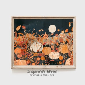 Fall Landscape Wall Art, Pumpkin Field Landscape Painting, Printable Pumpkins Wall Art, Moody Autumn Art Print, Cottage Fall Decor