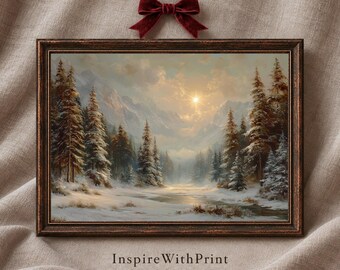 Winter Mountain Landscape Printable, Snowy Pine Forest Wall Art, Vintage Painterly Alpine Digital Print