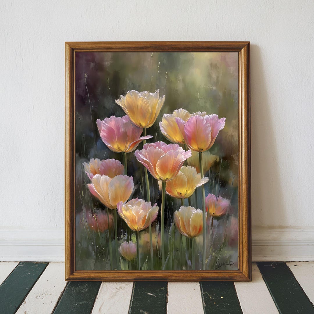 Luminous Tulip Wall Art, Romantic Spring Floral Painting, Pastel ...