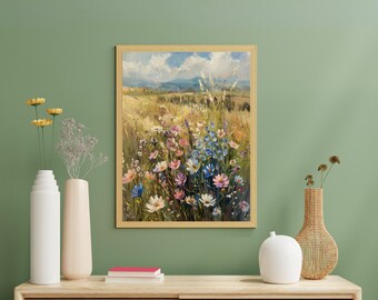 ヴィンテージの野の花畑の油絵、パステルカラーの花の草原のアート