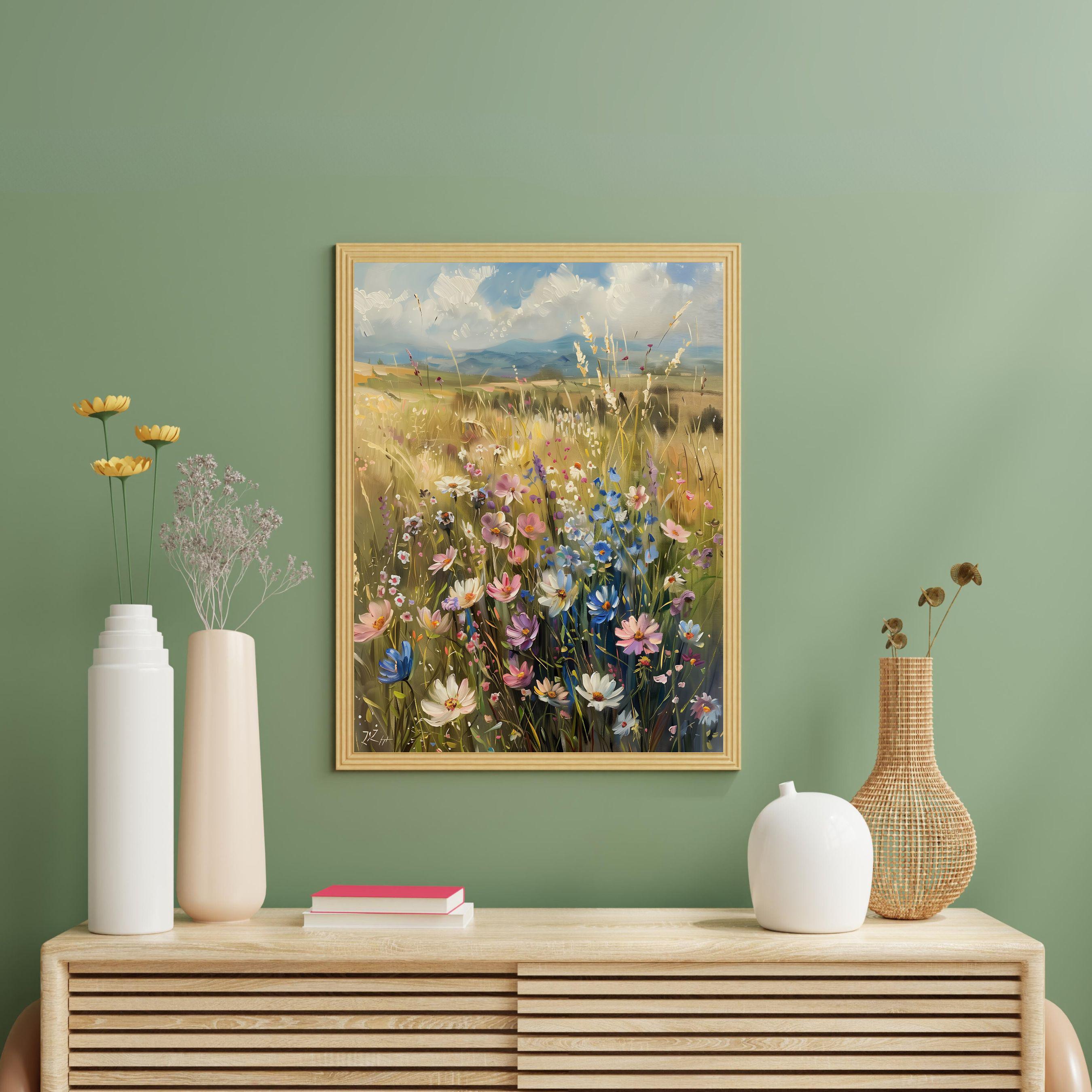 ヴィンテージの野の花畑の油絵、パステルカラーの花の草原のアート