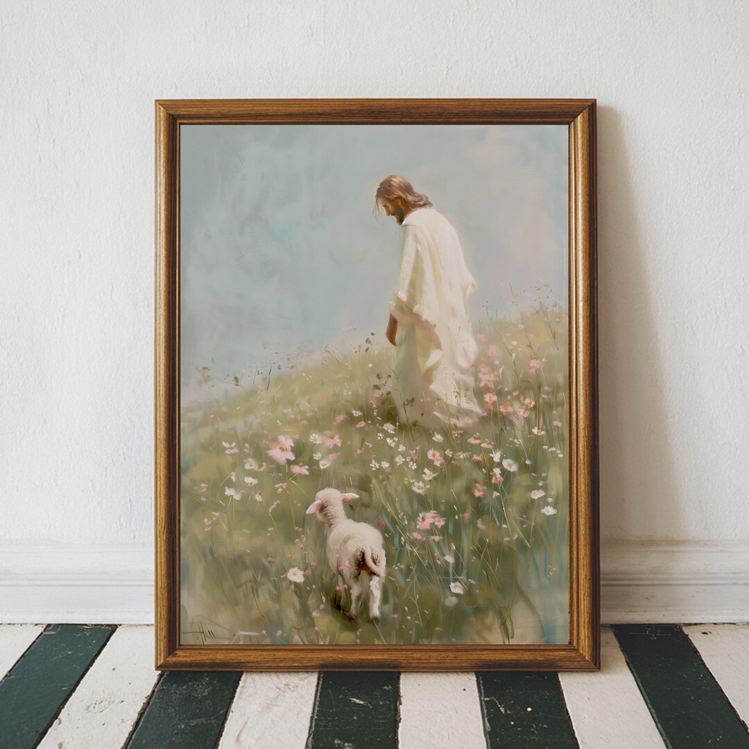 Jesus and Sheep Meadow Art Print, Christian Spring Summer Wall Art ...