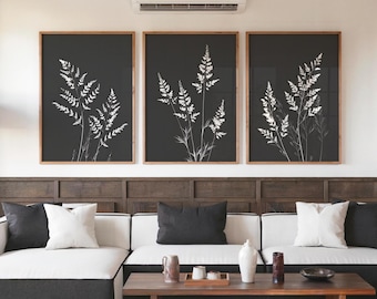 Black and White Botanical Print Set of 3, Aesthetic Black and White Wall Art, Digital download Minimalist Print, Royal Fern Leaves Art Decor
