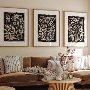 Juego de 3 impresiones de flores botánicas onduladas abstractas, arte de pared botánico en beige y negro, descarga digital, impresión floral boho, impresión artística botánica MCM
