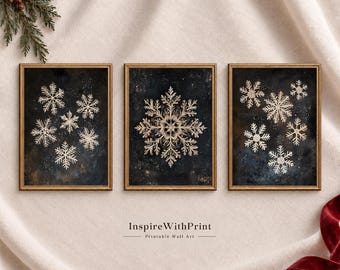 Vintage Snowflake Wall Art Set of 3, Dark Winter Christmas Prints, Rustic Holiday Gallery Wall Decor