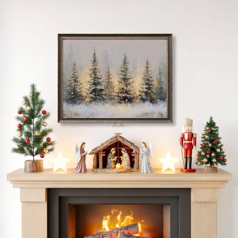 Winter Forest Wall Art, Snowy Pine Tree Christmas Painting, Festive ...