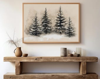 Snowy Pine Trees Oil Painting, Winter Snow Landscape Print, Rustic Winter Art Printable Vintage Pine Trees Print, Christmas Farmhouse Print