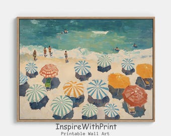 Summer Retro Beach Oil Painting Coastal Seascape Wall Art, Retro Coastal Art Printable Vintage Beach Umbrella Print, Pastel Summer Art Print