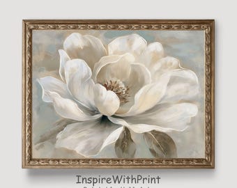 Vintage White Magnolia Flower Painting, Large Magnolia Flower Print, Digital Download Artful Floral Wall Art, Antique White Flower Print